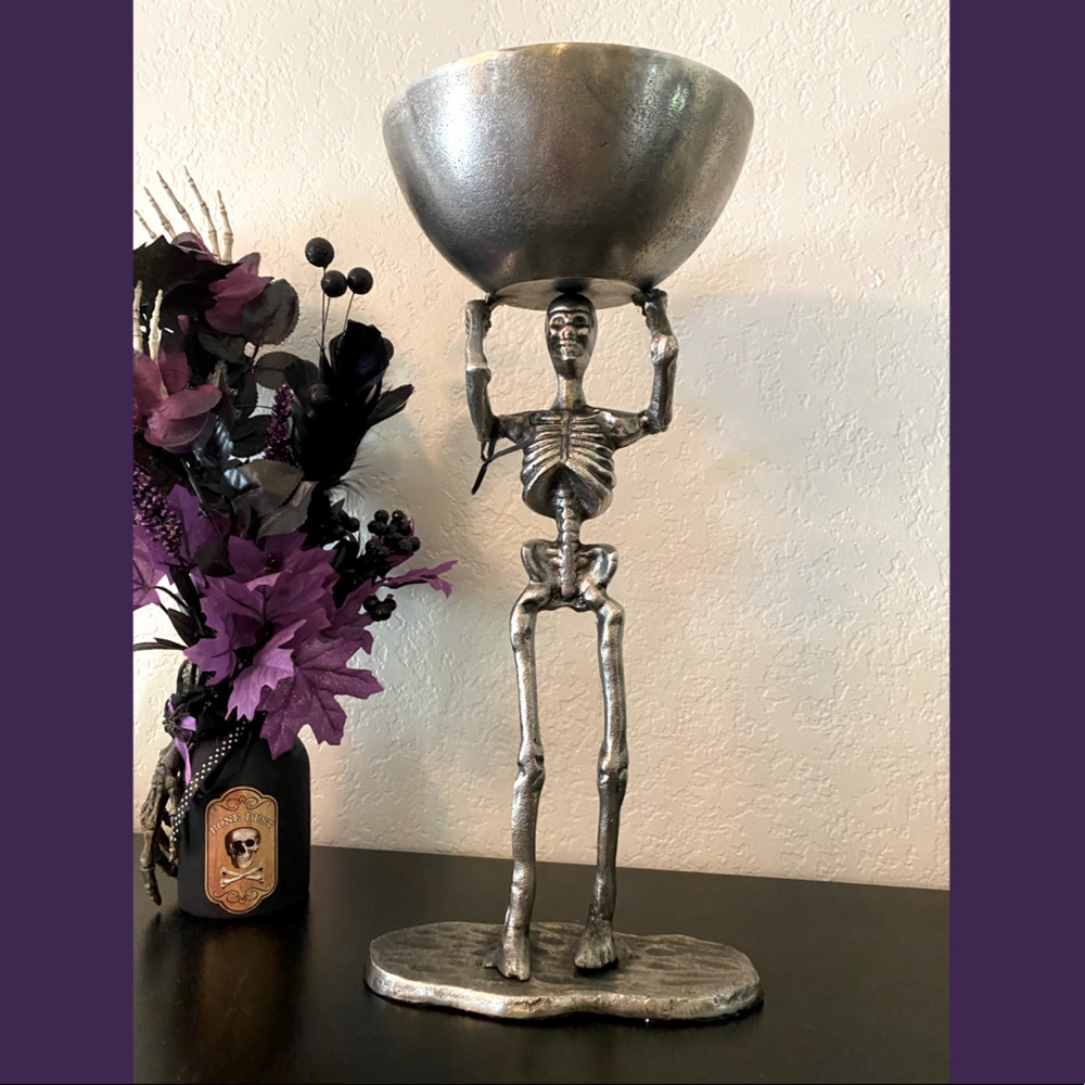 Silver Metal 19" Skeleton Holding Serving Bowl
